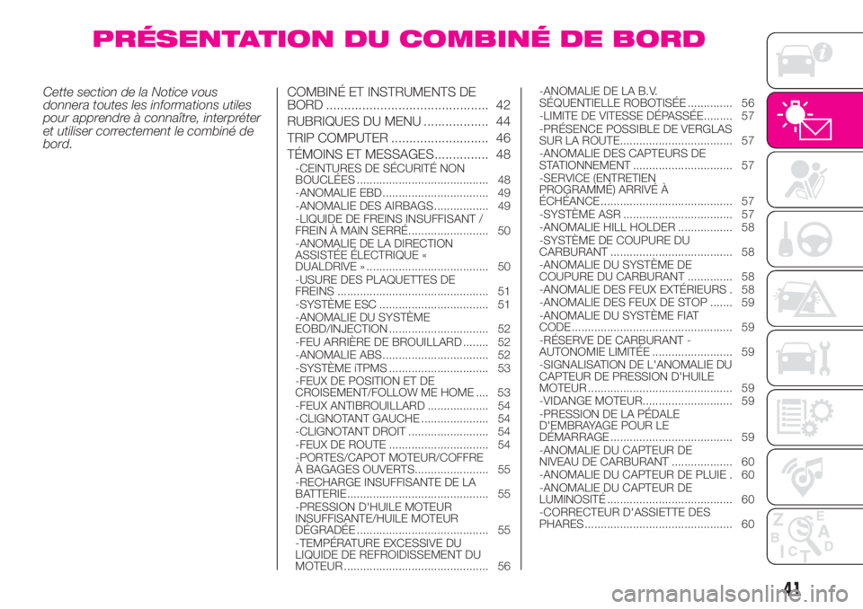 Abarth 500 2019 Notice dentretien (in French) PRÉSENTATION DU COMBINÉ DE BORD
Cette section de la Notice vous
donnera toutes les informations utiles
pour apprendre à connaître, interpréter
et utiliser correctement le combiné de
bord.COMBIN Abarth 500 2019 Notice dentretien (in French) PRÉSENTATION DU COMBINÉ DE BORD
Cette section de la Notice vous
donnera toutes les informations utiles
pour apprendre à connaître, interpréter
et utiliser correctement le combiné de
bord.COMBIN