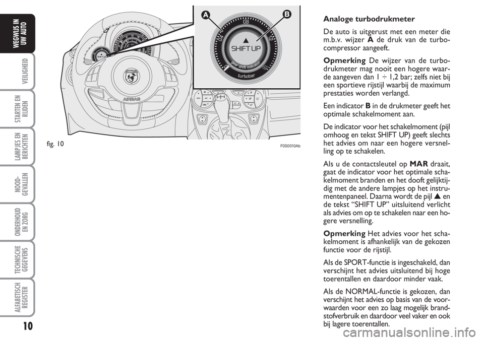 Abarth 500 2008  Instructieboek (in Dutch) 10
VEILIGHEID
STARTEN EN
RIJDEN
LAMPJES EN
BERICHTEN
NOOD-
GEVALLEN
ONDERHOUD 
EN ZORG
TECHNISCHE
GEGEVENS
ALFABETISCH
REGISTER
WEGWIJS IN
UW AUTO
F0S0010Ab
Analoge turbodrukmeter
De auto is uitgerust