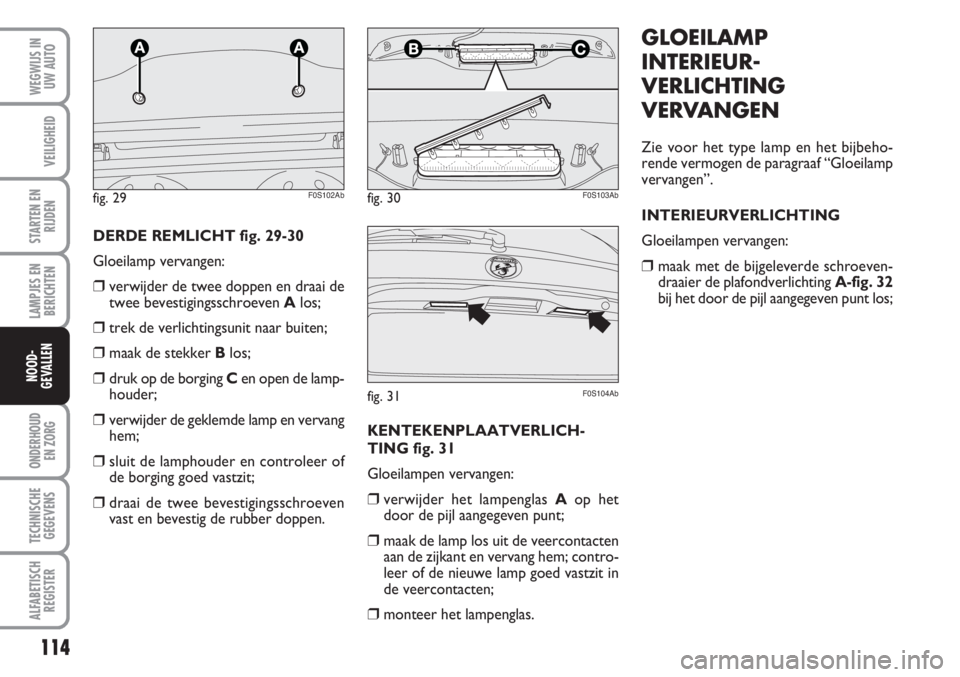 Abarth 500 2008 Instructieboek (in Dutch) 114
LAMPJES EN
BERICHTEN
ONDERHOUD
EN ZORG
TECHNISCHE
GEGEVENS
ALFABETISCH
REGISTER
WEGWIJS IN
UW AUTO
VEILIGHEID
STARTEN EN
RIJDEN
NOOD-
GEVALLEN
GLOEILAMP
INTERIEUR-
VERLICHTING
VERVANGEN
Zie voor Abarth 500 2008 Instructieboek (in Dutch) 114
LAMPJES EN
BERICHTEN
ONDERHOUD
EN ZORG
TECHNISCHE
GEGEVENS
ALFABETISCH
REGISTER
WEGWIJS IN
UW AUTO
VEILIGHEID
STARTEN EN
RIJDEN
NOOD-
GEVALLEN
GLOEILAMP
INTERIEUR-
VERLICHTING
VERVANGEN
Zie voor