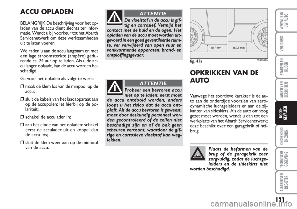 Abarth 500 2008 Instructieboek (in Dutch) 121
LAMPJES EN
BERICHTEN
ONDERHOUD
EN ZORG
TECHNISCHE
GEGEVENS
ALFABETISCH
REGISTER
WEGWIJS IN
UW AUTO
VEILIGHEID
STARTEN EN
RIJDEN
NOOD-
GEVALLEN
ACCU OPLADEN
BELANGRIJK De beschrijving voor het op- Abarth 500 2008 Instructieboek (in Dutch) 121
LAMPJES EN
BERICHTEN
ONDERHOUD
EN ZORG
TECHNISCHE
GEGEVENS
ALFABETISCH
REGISTER
WEGWIJS IN
UW AUTO
VEILIGHEID
STARTEN EN
RIJDEN
NOOD-
GEVALLEN
ACCU OPLADEN
BELANGRIJK De beschrijving voor het op-
