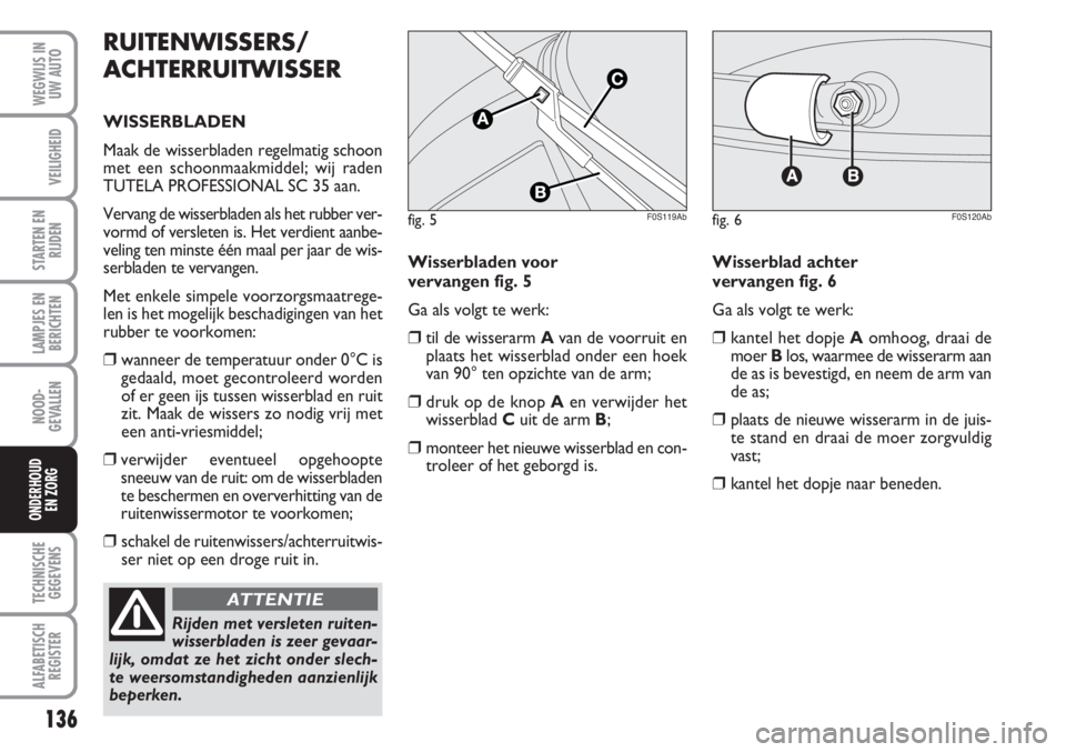 Abarth 500 2008 Instructieboek (in Dutch) 136
LAMPJES EN
BERICHTEN
TECHNISCHE
GEGEVENS
ALFABETISCH
REGISTER
WEGWIJS IN
UW AUTO
VEILIGHEID
STARTEN EN
RIJDEN
NOOD-
GEVALLEN
ONDERHOUD
EN ZORG
RUITENWISSERS/
ACHTERRUITWISSER
WISSERBLADEN
Maak de Abarth 500 2008 Instructieboek (in Dutch) 136
LAMPJES EN
BERICHTEN
TECHNISCHE
GEGEVENS
ALFABETISCH
REGISTER
WEGWIJS IN
UW AUTO
VEILIGHEID
STARTEN EN
RIJDEN
NOOD-
GEVALLEN
ONDERHOUD
EN ZORG
RUITENWISSERS/
ACHTERRUITWISSER
WISSERBLADEN
Maak de