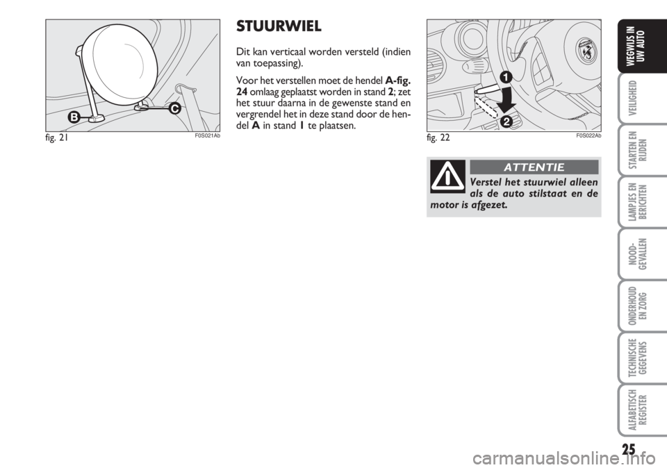 Abarth 500 2008  Instructieboek (in Dutch) 25
VEILIGHEID
STARTEN EN
RIJDEN
LAMPJES EN
BERICHTEN
NOOD-
GEVALLEN
ONDERHOUD 
EN ZORG
TECHNISCHE
GEGEVENS
ALFABETISCH
REGISTER
WEGWIJS IN
UW AUTO
fig. 21F0S021Ab
STUURWIEL
Dit kan verticaal worden ve