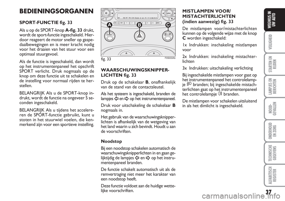 Abarth 500 2008  Instructieboek (in Dutch) 37
VEILIGHEID
STARTEN EN
RIJDEN
LAMPJES EN
BERICHTEN
NOOD-
GEVALLEN
ONDERHOUD 
EN ZORG
TECHNISCHE
GEGEVENS
ALFABETISCH
REGISTER
WEGWIJS IN
UW AUTO
BEDIENINGSORGANEN
SPORT-FUNCTIE fig. 33
Als u op de S