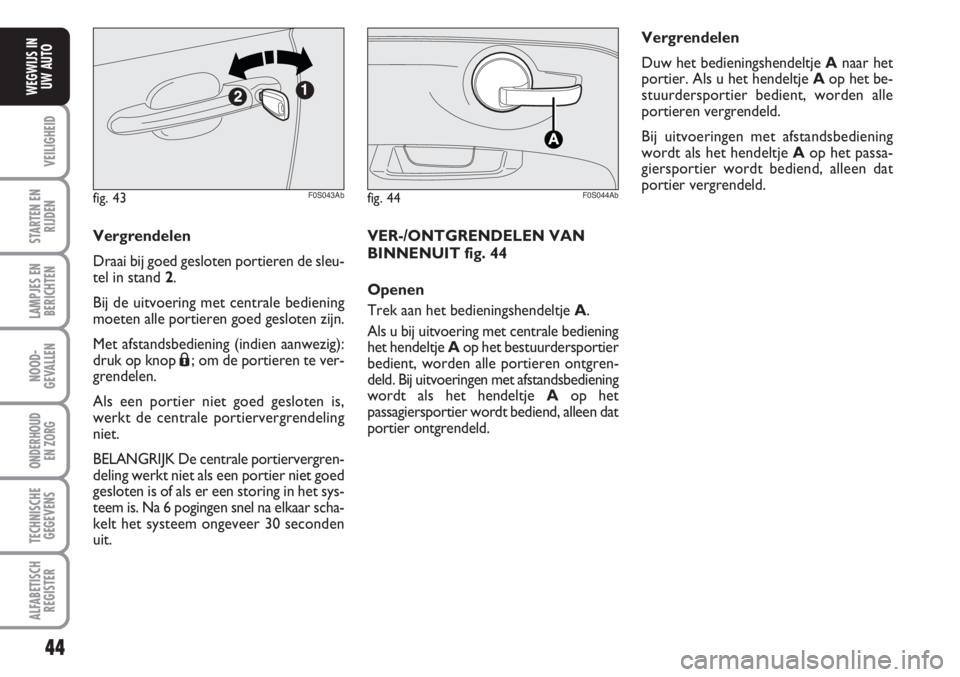 Abarth 500 2008  Instructieboek (in Dutch) 44
VEILIGHEID
STARTEN EN
RIJDEN
LAMPJES EN
BERICHTEN
NOOD-
GEVALLEN
ONDERHOUD 
EN ZORG
TECHNISCHE
GEGEVENS
ALFABETISCH
REGISTER
WEGWIJS IN
UW AUTO
Vergrendelen
Draai bij goed gesloten portieren de sle