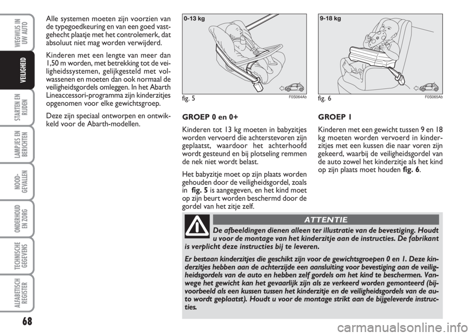 Abarth 500 2008  Instructieboek (in Dutch) 68
STARTEN EN
RIJDEN
LAMPJES EN
BERICHTEN
NOOD-
GEVALLEN
ONDERHOUD 
EN ZORG
TECHNISCHE
GEGEVENS
ALFABETISCH
REGISTER
WEGWIJS IN
UW AUTO
VEILIGHEID
Alle systemen moeten zijn voorzien van
de typegoedkeu