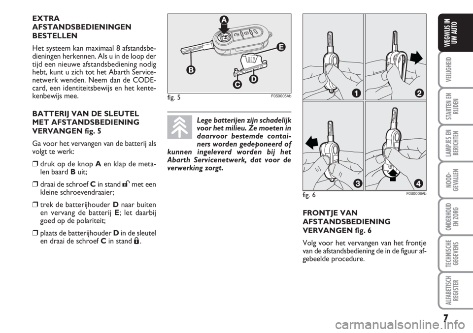 Abarth 500 2008  Instructieboek (in Dutch) FRONTJE VAN
AFSTANDSBEDIENING
VERVANGEN fig. 6
Volg voor het vervangen van het frontje
van de afstandsbediening de in de figuur af-
gebeelde procedure.  EXTRA
AFSTANDSBEDIENINGEN
BESTELLEN
Het systeem