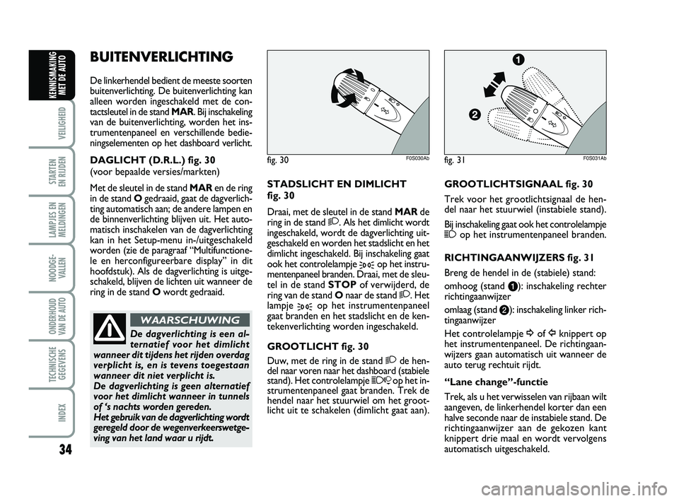 Abarth 500 2012  Instructieboek (in Dutch) 34
VEILIGHEID 
STARTEN 
EN RIJDEN
LAMPJES EN
MELDINGEN
NOODGE-
VALLEN
ONDERHOUD
VAN DE AUTO
TECHNISCHE
GEGEVENS
INDEX
KENNISMAKING
MET DE AUTO
STADSLICHT EN DIMLICHT 
fig. 30
Draai, met de sleutel in 