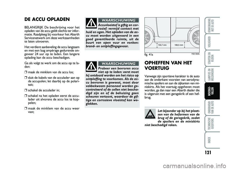 Abarth 500 2014 Instructieboek (in Dutch) 121
LAMPJES EN
MELDINGENI
ONDERHOUD
VAN DE AUTO
TECHNISCHE
GEGEVENS
INDEX
KENNISMAKING
MET DE AUTO
VEILIGHEID
STARTEN EN
RIJDEN
NOODGE-
VALLEN
DE ACCU OPLADEN
BELANGRIJK De beschrijving voor het
oplad Abarth 500 2014 Instructieboek (in Dutch) 121
LAMPJES EN
MELDINGENI
ONDERHOUD
VAN DE AUTO
TECHNISCHE
GEGEVENS
INDEX
KENNISMAKING
MET DE AUTO
VEILIGHEID
STARTEN EN
RIJDEN
NOODGE-
VALLEN
DE ACCU OPLADEN
BELANGRIJK De beschrijving voor het
oplad