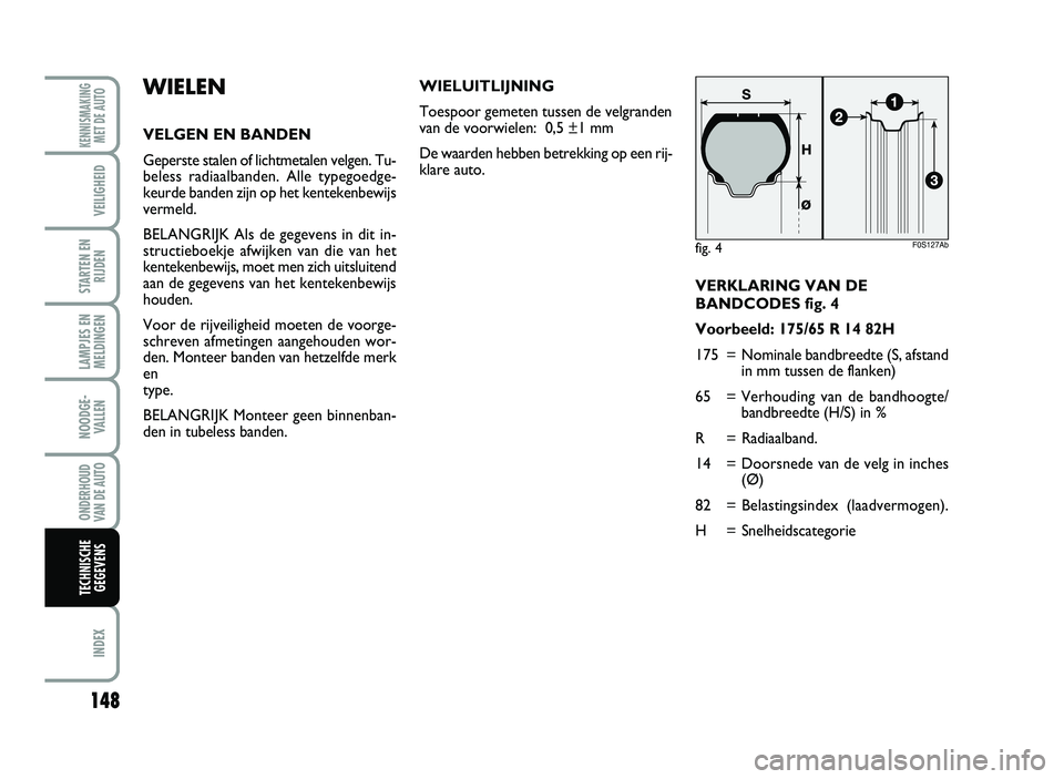 Abarth 500 2014 Instructieboek (in Dutch) VERK LARIN G VAN DE
BA NDCODE S fig\b 4
V oo rbe eld: 1 75/65 R 1 4 8\f H
\f75= No minal e ba ndbreed te (S , afs tand
in m m tussen d e flanken)
65 =Ver ho uding va n de ban d ho ogt e/
ban dbr e Abarth 500 2014 Instructieboek (in Dutch) VERK LARIN G VAN DE
BA NDCODE S fig\b 4
V oo rbe eld: 1 75/65 R 1 4 8\f H
\f75= No minal e ba ndbreed te (S , afs tand
in m m tussen d e flanken)
65 =Ver ho uding va n de ban d ho ogt e/
ban dbr e