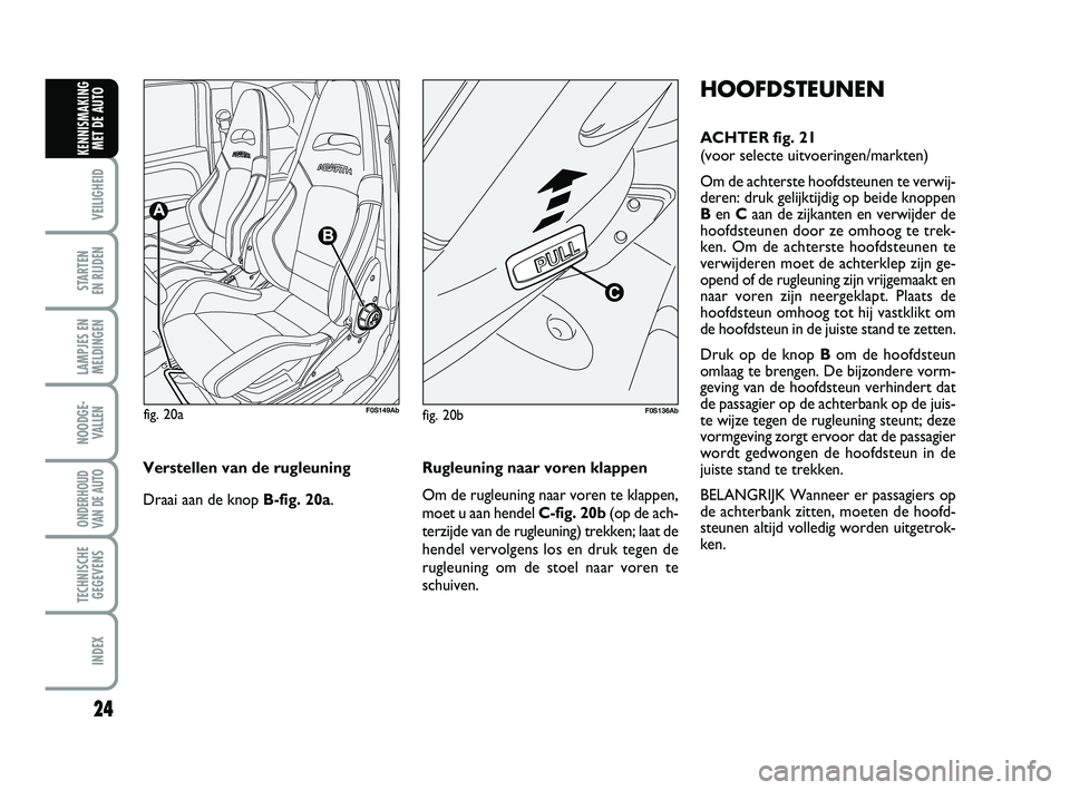 Abarth 500 2014  Instructieboek (in Dutch) 24
VEILIGHEID 
STARTEN 
EN RIJDEN
LAMPJES EN
MELDINGEN
NOODGE-
VALLEN
ONDERHOUD
VAN DE AUTO
TECHNISCHE
GEGEVENS
INDEX
KENNISMAKING
MET DE AUTO
HOOFDSTEUNEN
ACHTER fig. 21
(voor selecte uitvoeringen/ma