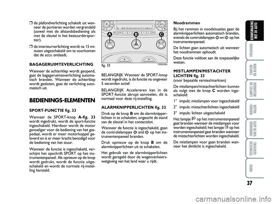 Abarth 500 2014  Instructieboek (in Dutch) 37
VEILIGHEID 
STARTEN 
EN RIJDEN
LAMPJES EN
MELDINGEN
NOODGE-
VALLEN
ONDERHOUD
VAN DE AUTO
TECHNISCHE
GEGEVENS
INDEX
KENNISMAKING
MET DE AUTO
❒de plafondverlichting schakelt uit wan-
neer de portie