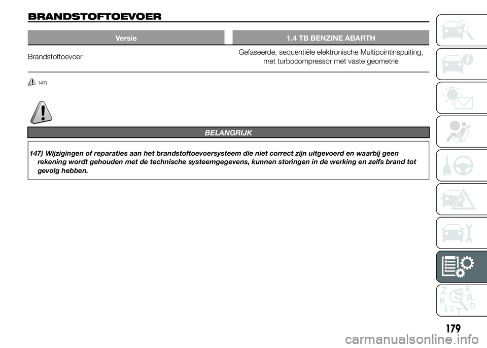 Abarth 500 2015  Instructieboek (in Dutch) BRANDSTOFTOEVOER
Versie 1.4 TB BENZINE ABARTH
BrandstoftoevoerGefaseerde, sequentiële elektronische Multipointinspuiting,
met turbocompressor met vaste geometrie
147)
BELANGRIJK
147) Wijzigingen of r