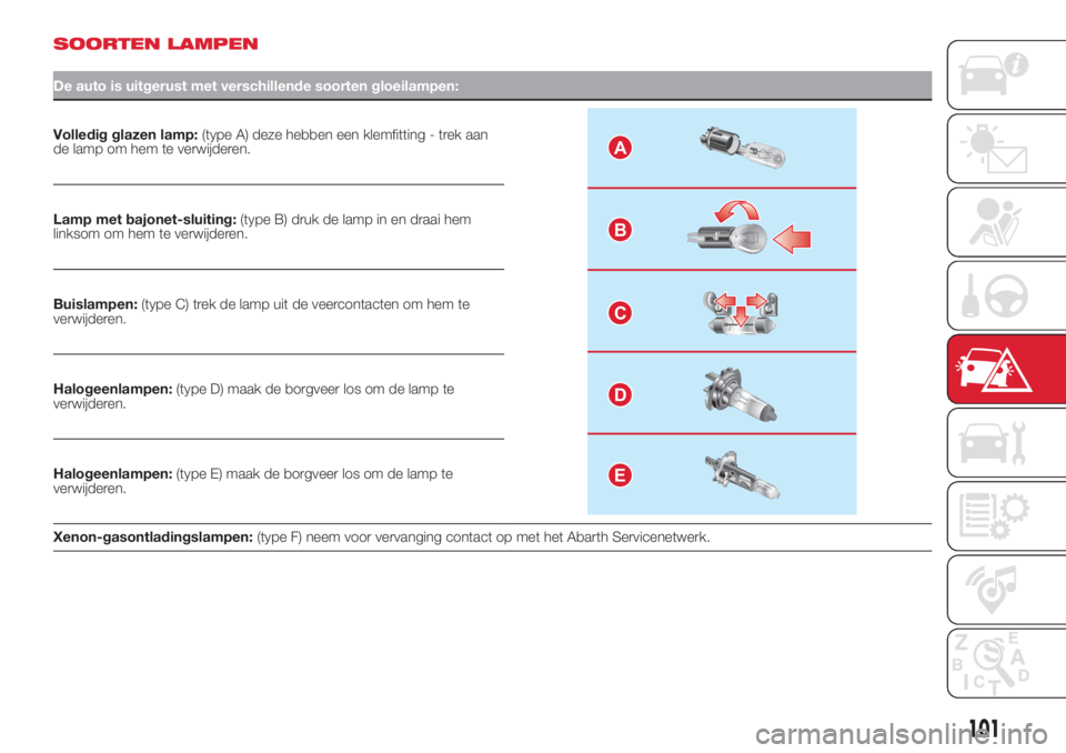 Abarth 500 2018  Instructieboek (in Dutch) SOORTEN LAMPEN
De auto is uitgerust met verschillende soorten gloeilampen:
Volledig glazen lamp:(type A) deze hebben een klemfitting - trek aan
de lamp om hem te verwijderen.A
B
C
D
E
Lamp met bajonet