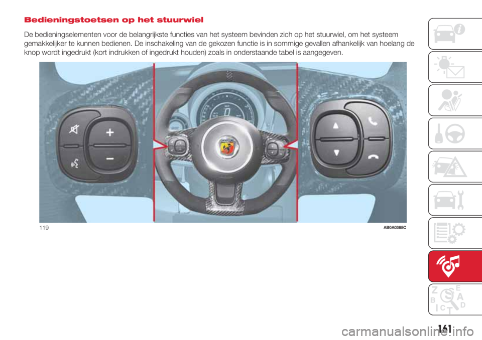 Abarth 500 2018 Instructieboek (in Dutch) Bedieningstoetsen op het stuurwiel
De bedieningselementen voor de belangrijkste functies van het systeem bevinden zich op het stuurwiel, om het systeem
gemakkelijker te kunnen bedienen. De inschakelin Abarth 500 2018 Instructieboek (in Dutch) Bedieningstoetsen op het stuurwiel
De bedieningselementen voor de belangrijkste functies van het systeem bevinden zich op het stuurwiel, om het systeem
gemakkelijker te kunnen bedienen. De inschakelin