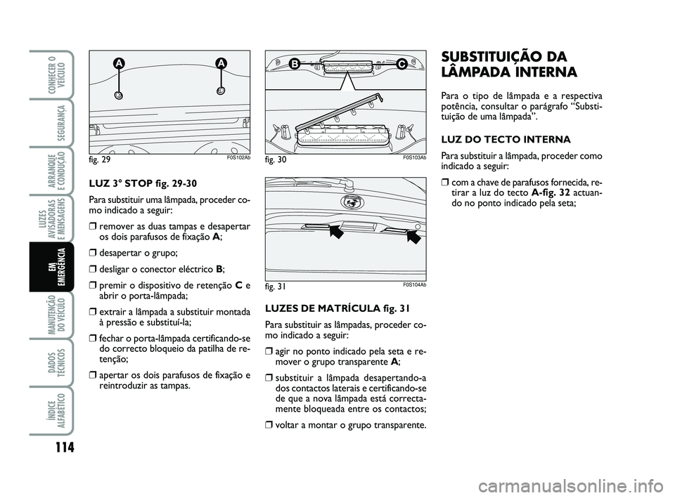 Abarth 500 2009  Manual de Uso e Manutenção (in Portuguese) 114
LUZES
AVISADORAS 
E MENSAGENS
MANUTENÇÃO
DO VEÍCULO 
DADOS
TÉCNICOS
ÍNDICE
ALFABÉTICO
CONHECER O
VEÍCULO
SEGURANÇA
ARRANQUE 
E CONDUÇÃO
EM 
EMERGÊNCIA
SUBSTITUIÇÃO DA
LÂMPADA INTERNA