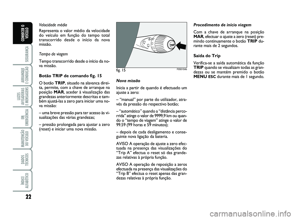 Abarth 500 2010 Manual de Uso e Manutenção (in Portuguese) 22
SEGURANÇA
ARRANQUE
E CONDUÇÃO
LUZES
AVISADORAS
E MENSAGENS
EM
EMERGÊNCIA
MANUTENÇÃO
DO VEÍCULO
DADOS
TÉCNICOS
ÍNDICE
ALFABÉTICO
CONHECER O
VEÍCULO
Velocidade média
Representa o valor Abarth 500 2010 Manual de Uso e Manutenção (in Portuguese) 22
SEGURANÇA
ARRANQUE
E CONDUÇÃO
LUZES
AVISADORAS
E MENSAGENS
EM
EMERGÊNCIA
MANUTENÇÃO
DO VEÍCULO
DADOS
TÉCNICOS
ÍNDICE
ALFABÉTICO
CONHECER O
VEÍCULO
Velocidade média
Representa o valor