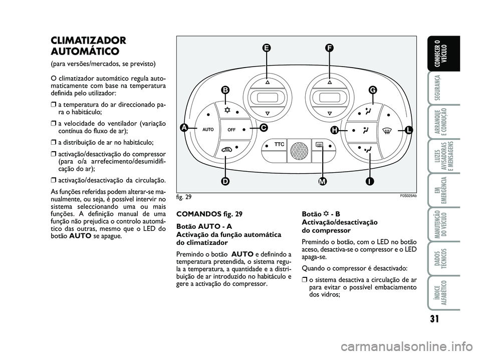 Abarth 500 2008 Manual de Uso e Manutenção (in Portuguese) 31
SEGURANÇA
ARRANQUE
E CONDUÇÃO
LUZES
AVISADORAS
E MENSAGENS
EM
EMERGÊNCIA
MANUTENÇÃO
DO VEÍCULO
DADOS
TÉCNICOS
ÍNDICE
ALFABÉTICO
CONHECER O
VEÍCULO
CLIMATIZADOR
AUTOMÁTICO
(para vers Abarth 500 2008 Manual de Uso e Manutenção (in Portuguese) 31
SEGURANÇA
ARRANQUE
E CONDUÇÃO
LUZES
AVISADORAS
E MENSAGENS
EM
EMERGÊNCIA
MANUTENÇÃO
DO VEÍCULO
DADOS
TÉCNICOS
ÍNDICE
ALFABÉTICO
CONHECER O
VEÍCULO
CLIMATIZADOR
AUTOMÁTICO
(para vers