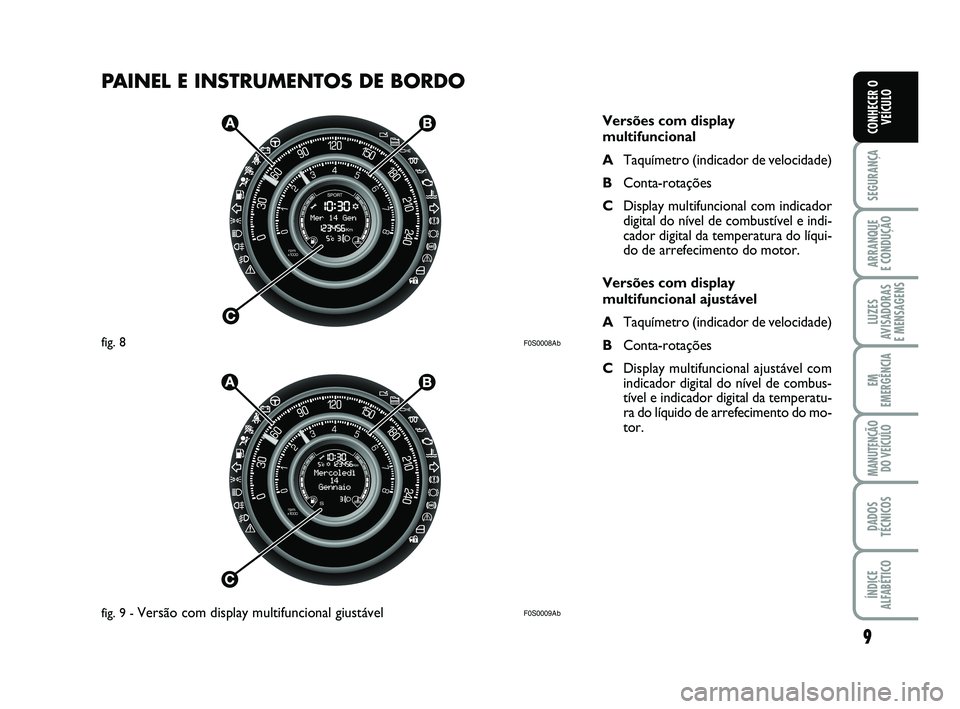 Abarth 500 2010  Manual de Uso e Manutenção (in Portuguese) F0S0008Ab
F0S0009Ab
PAINEL E INSTRUMENTOS DE BORDO
9
SEGURANÇA
ARRANQUE 
E CONDUÇÃO
LUZES
AVISADORAS 
E MENSAGENS
EM
EMERGÊNCIA
MANUTENÇÃO
DO VEÍCULO
DADOS
TÉCNICOS
ÍNDICE
ALFABÉTICO
CONHECE