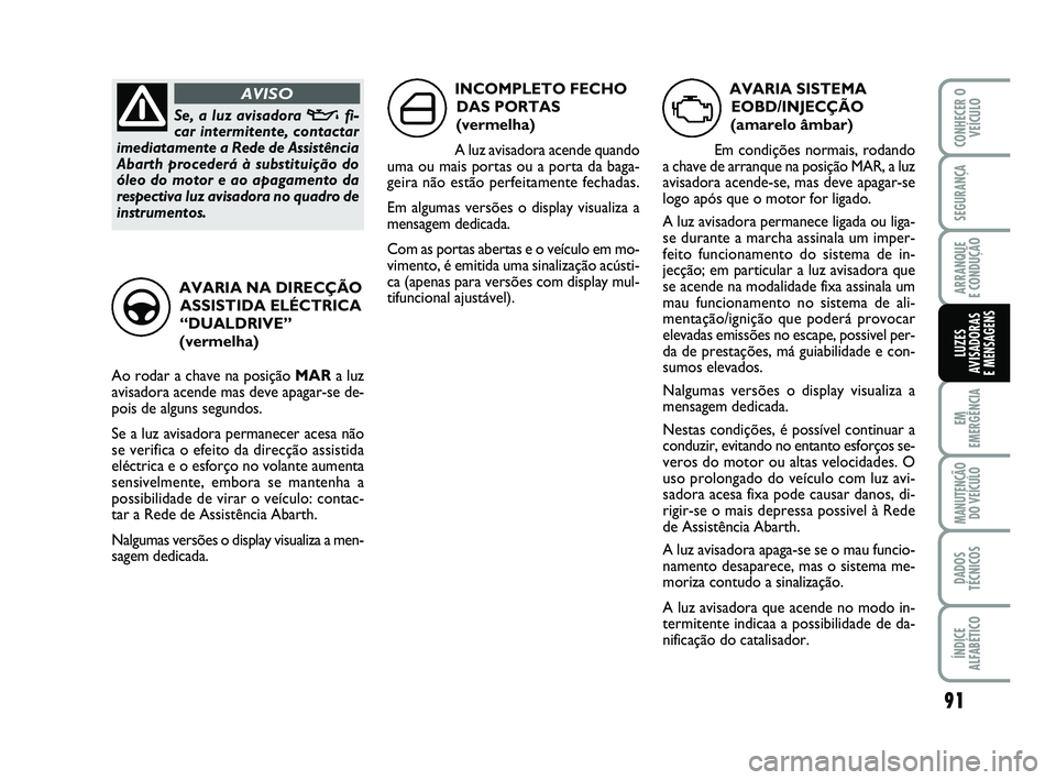 Abarth 500 2010  Manual de Uso e Manutenção (in Portuguese) 91
EM
EMERGÊNCIA
MANUTENÇÃO
DO VEÍCULO
DADOS
TÉCNICOS
ÍNDICE
ALFABÉTICO
CONHECER O
VEÍCULO
SEGURANÇA
ARRANQUE 
E CONDUÇÃO
LUZES
AVISADORAS 
E MENSAGENS
AVARIA SISTEMA
EOBD/INJECÇÃO
(amare