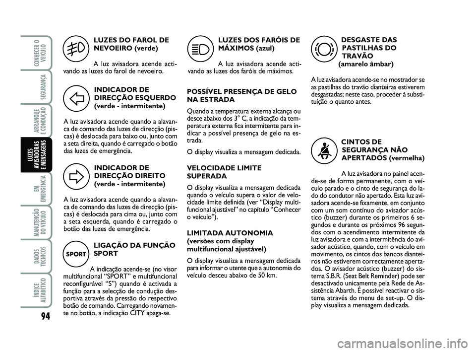 Abarth 500 2009  Manual de Uso e Manutenção (in Portuguese) LUZES DO FAROL DE
NEVOEIRO (verde)
A luz avisadora acende acti-
vando as luzes do farol de nevoeiro.
5
INDICADOR DE
DIRECÇÃO ESQUERDO
(verde - intermitente)
A luz avisadora acende quando a alavan-
c