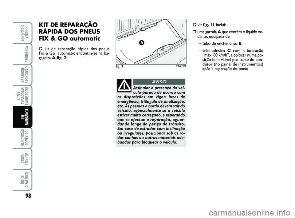Abarth 500 2009  Manual de Uso e Manutenção (in Portuguese) 98
LUZES
AVISADORAS 
E MENSAGENS
MANUTENÇÃO
DO VEÍCULO 
DADOS
TÉCNICOS
ÍNDICE
ALFABÉTICO
CONHECER O
VEÍCULO
SEGURANÇA
ARRANQUE 
E CONDUÇÃO
EM 
EMERGÊNCIA
KIT DE REPARAÇÃO
RÁPIDA DOS PNEU