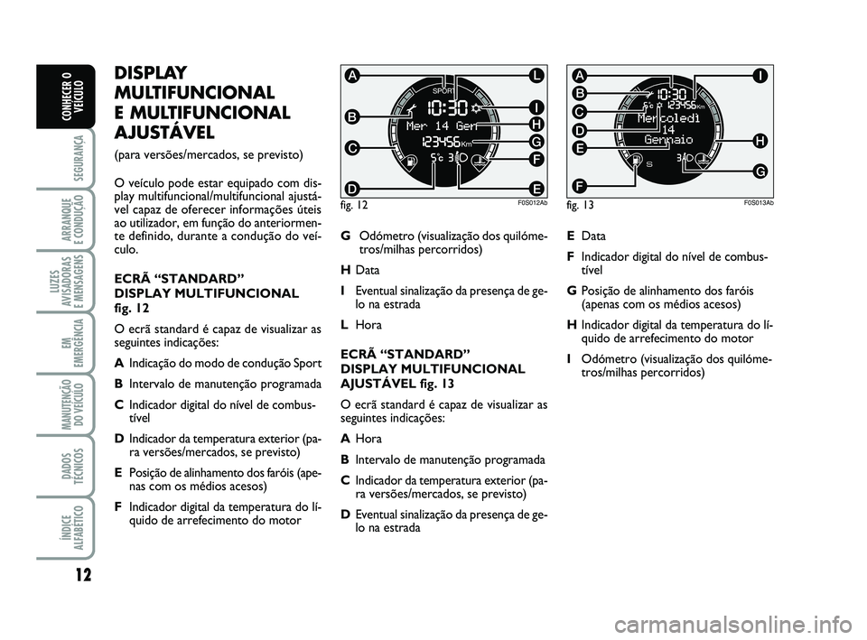 Abarth 500 2012  Manual de Uso e Manutenção (in Portuguese) 12
SEGURANÇA
ARRANQUE 
E CONDUÇÃO
LUZES
AVISADORAS 
E MENSAGENS
EM
EMERGÊNCIA
MANUTENÇÃO
DO VEÍCULO
DADOS
TÉCNICOS
ÍNDICE
ALFABÉTICO
CONHECER O
VEÍCULO
DISPLAY
MULTIFUNCIONAL 
E MULTIFUNCIO