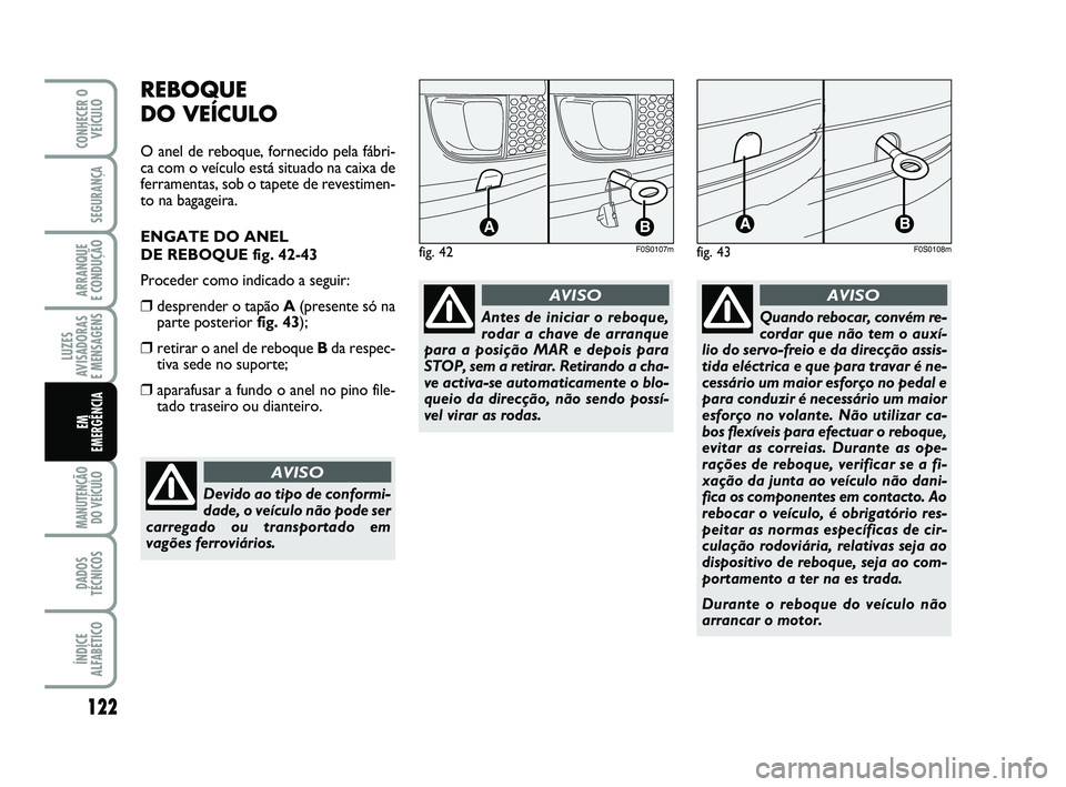 Abarth 500 2011 Manual de Uso e Manutenção (in Portuguese) 122
LUZES
AVISADORAS
E MENSAGENS
MANUTENÇÃO
DO VEÍCULO
DADOS
TÉCNICOS
ÍNDICE
ALFABÉTICO
CONHECER O
VEÍCULO
SEGURANÇA
ARRANQUE
E CONDUÇÃO
EM
EMERGÊNCIA
REBOQUE
DO VEÍCULO
O anel de reb Abarth 500 2011 Manual de Uso e Manutenção (in Portuguese) 122
LUZES
AVISADORAS
E MENSAGENS
MANUTENÇÃO
DO VEÍCULO
DADOS
TÉCNICOS
ÍNDICE
ALFABÉTICO
CONHECER O
VEÍCULO
SEGURANÇA
ARRANQUE
E CONDUÇÃO
EM
EMERGÊNCIA
REBOQUE
DO VEÍCULO
O anel de reb