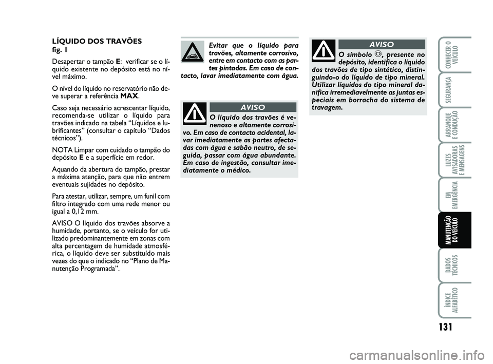 Abarth 500 2011 Manual de Uso e Manutenção (in Portuguese) 131
LUZES
AVISADORAS
E MENSAGENS
DADOS
TÉCNICOS
ÍNDICE
ALFABÉTICO
CONHECER O
VEÍCULO
SEGURANÇA
ARRANQUE
E CONDUÇÃO
EM
EMERGÊNCIA
MANUTENÇÃO
DO VEÍCULO
LÍQUIDO DOS TRAVÕES
fig. 1
Desap Abarth 500 2011 Manual de Uso e Manutenção (in Portuguese) 131
LUZES
AVISADORAS
E MENSAGENS
DADOS
TÉCNICOS
ÍNDICE
ALFABÉTICO
CONHECER O
VEÍCULO
SEGURANÇA
ARRANQUE
E CONDUÇÃO
EM
EMERGÊNCIA
MANUTENÇÃO
DO VEÍCULO
LÍQUIDO DOS TRAVÕES
fig. 1
Desap