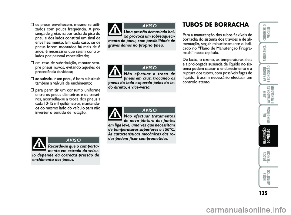 Abarth 500 2011 Manual de Uso e Manutenção (in Portuguese) 135
LUZES
AVISADORAS
E MENSAGENS
DADOS
TÉCNICOS
ÍNDICE
ALFABÉTICO
CONHECER O
VEÍCULO
SEGURANÇA
ARRANQUE
E CONDUÇÃO
EM
EMERGÊNCIA
MANUTENÇÃO
DO VEÍCULO
TUBOS DE BORRACHA
Para a manutenç Abarth 500 2011 Manual de Uso e Manutenção (in Portuguese) 135
LUZES
AVISADORAS
E MENSAGENS
DADOS
TÉCNICOS
ÍNDICE
ALFABÉTICO
CONHECER O
VEÍCULO
SEGURANÇA
ARRANQUE
E CONDUÇÃO
EM
EMERGÊNCIA
MANUTENÇÃO
DO VEÍCULO
TUBOS DE BORRACHA
Para a manutenç