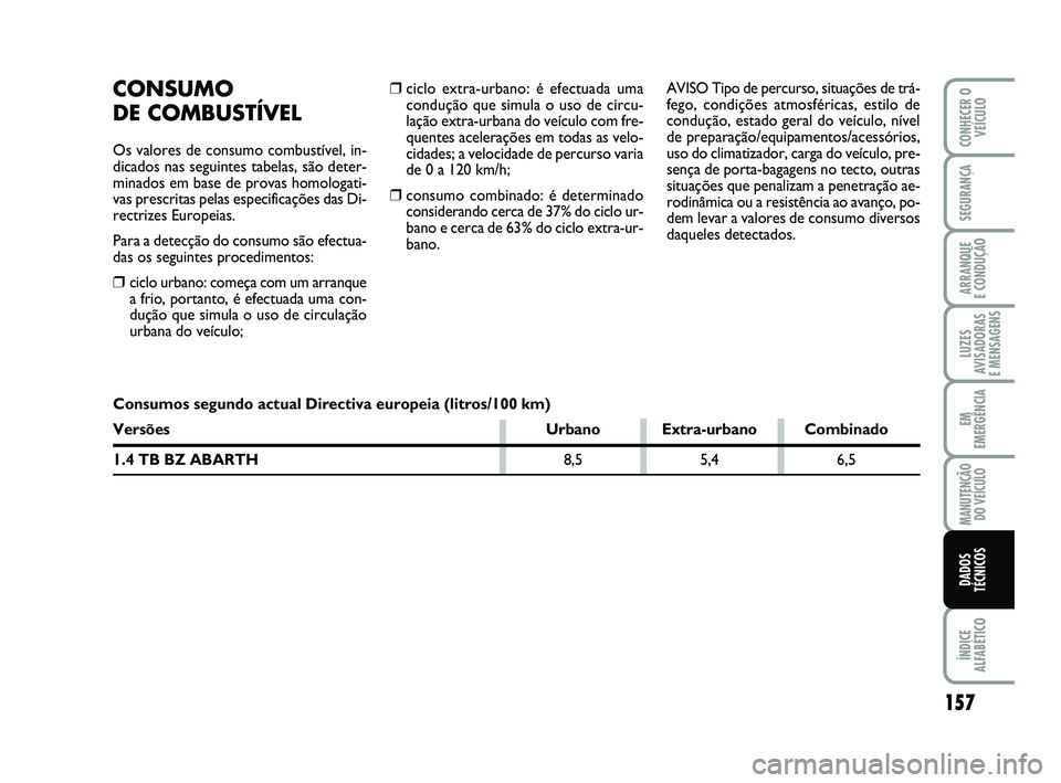 Abarth 500 2011  Manual de Uso e Manutenção (in Portuguese) ❒ciclo extra-urbano: é efectuada uma
condução que simula o uso de circu-
lação extra-urbana do veículo com fre-
quentes acelerações em todas as velo-
cidades; a velocidade de percurso varia
