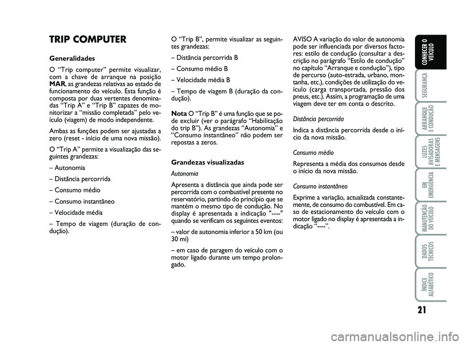 Abarth 500 2012 Manual de Uso e Manutenção (in Portuguese) 21
SEGURANÇA
ARRANQUE
E CONDUÇÃO
LUZES
AVISADORAS
E MENSAGENS
EM
EMERGÊNCIA
MANUTENÇÃO
DO VEÍCULO
DADOS
TÉCNICOS
ÍNDICE
ALFABÉTICO
CONHECER O
VEÍCULO
TRIP COMPUTER
Generalidades
O “Trip Abarth 500 2012 Manual de Uso e Manutenção (in Portuguese) 21
SEGURANÇA
ARRANQUE
E CONDUÇÃO
LUZES
AVISADORAS
E MENSAGENS
EM
EMERGÊNCIA
MANUTENÇÃO
DO VEÍCULO
DADOS
TÉCNICOS
ÍNDICE
ALFABÉTICO
CONHECER O
VEÍCULO
TRIP COMPUTER
Generalidades
O “Trip