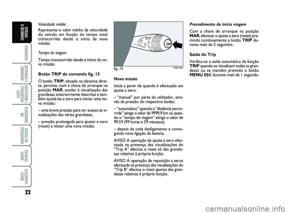 Abarth 500 2012  Manual de Uso e Manutenção (in Portuguese) 22
SEGURANÇA
ARRANQUE 
E CONDUÇÃO
LUZES
AVISADORAS 
E MENSAGENS
EM
EMERGÊNCIA
MANUTENÇÃO
DO VEÍCULO
DADOS
TÉCNICOS
ÍNDICE
ALFABÉTICO
CONHECER O
VEÍCULO
Velocidade média
Representa o valor 