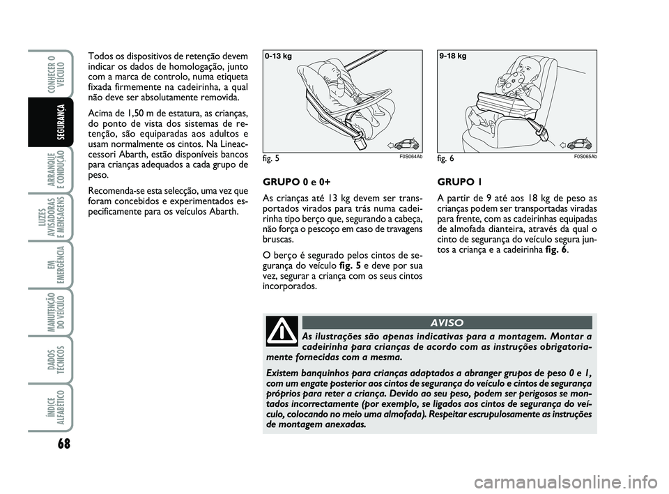 Abarth 500 2012  Manual de Uso e Manutenção (in Portuguese) 68
ARRANQUE 
E CONDUÇÃO
LUZES
AVISADORAS 
E MENSAGENS
EM
EMERGÊNCIA
MANUTENÇÃO
DO VEÍCULO 
DADOS
TÉCNICOS
ÍNDICE
ALFABÉTICO
CONHECER O
VEÍCULO
SEGURANÇA
Todos os dispositivos de retenção 