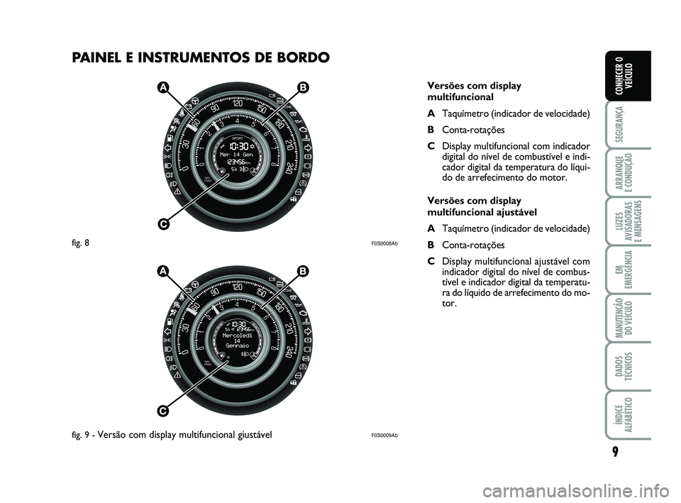 Abarth 500 2011  Manual de Uso e Manutenção (in Portuguese) F0S0008Ab
F0S0009Ab
PAINEL E INSTRUMENTOS DE BORDO
9
SEGURANÇA
ARRANQUE 
E CONDUÇÃO
LUZES
AVISADORAS 
E MENSAGENS
EM
EMERGÊNCIA
MANUTENÇÃO
DO VEÍCULO
DADOS
TÉCNICOS
ÍNDICE
ALFABÉTICO
CONHECE