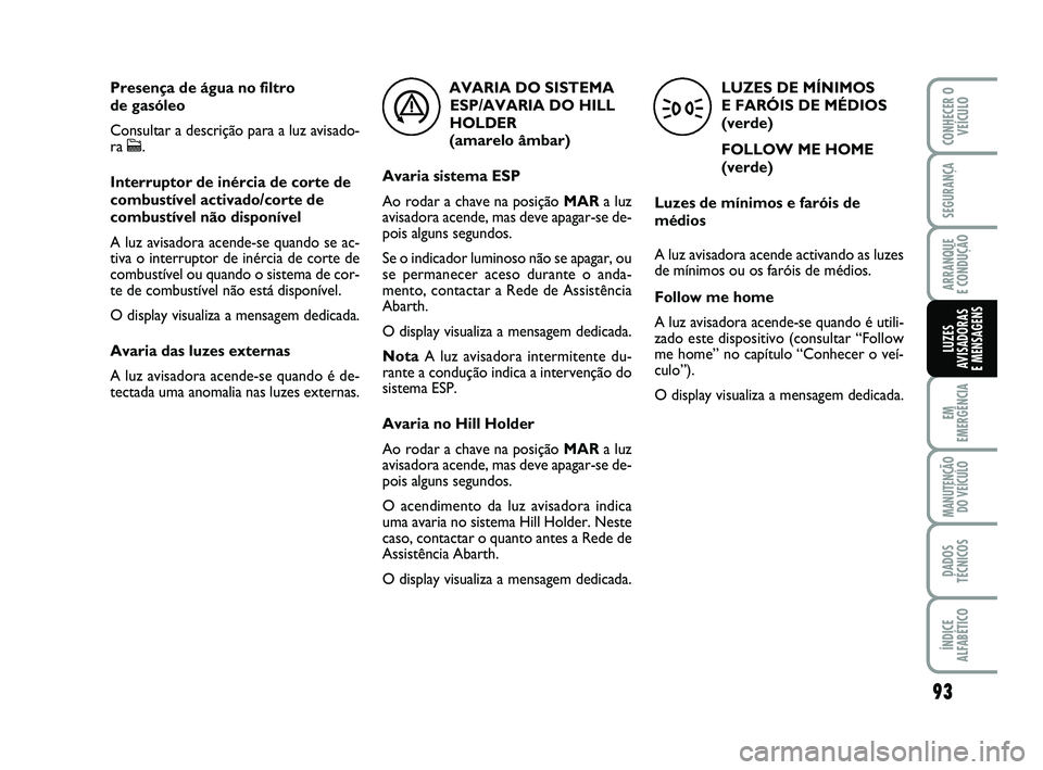 Abarth 500 2011  Manual de Uso e Manutenção (in Portuguese) 93
EM
EMERGÊNCIA
MANUTENÇÃO
DO VEÍCULO
DADOS
TÉCNICOS
ÍNDICE
ALFABÉTICO
CONHECER O
VEÍCULO
SEGURANÇA
ARRANQUE 
E CONDUÇÃO
LUZES
AVISADORAS 
E MENSAGENS
LUZES DE MÍNIMOS 
E FARÓIS DE MÉDI