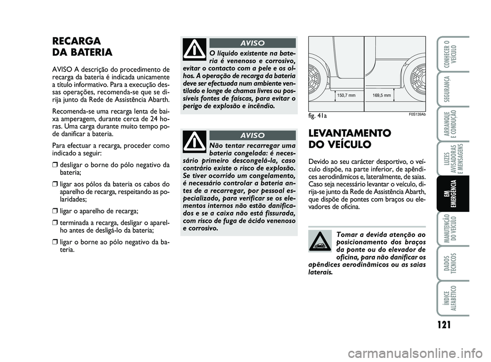 Abarth 500 2014 Manual de Uso e Manutenção (in Portuguese) 121
LUZES
AVISADORAS
E MENSAGENS
MANUTENÇÃO
DO VEÍCULO
DADOS
TÉCNICOS
ÍNDICE
ALFABÉTICO
CONHECER O
VEÍCULO
SEGURANÇA
ARRANQUE
E CONDUÇÃO
EM
EMERGÊNCIA
RECARGA
DA BATERIA
AVISO A descriç Abarth 500 2014 Manual de Uso e Manutenção (in Portuguese) 121
LUZES
AVISADORAS
E MENSAGENS
MANUTENÇÃO
DO VEÍCULO
DADOS
TÉCNICOS
ÍNDICE
ALFABÉTICO
CONHECER O
VEÍCULO
SEGURANÇA
ARRANQUE
E CONDUÇÃO
EM
EMERGÊNCIA
RECARGA
DA BATERIA
AVISO A descriç