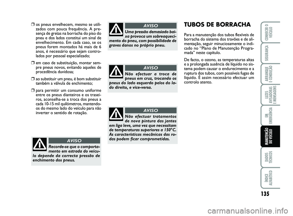 Abarth 500 2014 Manual de Uso e Manutenção (in Portuguese) 135
LUZES
AVISADORAS
E MENSAGENS
DADOS
TÉCNICOS
ÍNDICE
ALFABÉTICO
CONHECER O
VEÍCULO
SEGURANÇA
ARRANQUE
E CONDUÇÃO
EM
EMERGÊNCIA
MANUTENÇÃO
DO VEÍCULO
TUBOS DE BORRACHA
Para a manutenç Abarth 500 2014 Manual de Uso e Manutenção (in Portuguese) 135
LUZES
AVISADORAS
E MENSAGENS
DADOS
TÉCNICOS
ÍNDICE
ALFABÉTICO
CONHECER O
VEÍCULO
SEGURANÇA
ARRANQUE
E CONDUÇÃO
EM
EMERGÊNCIA
MANUTENÇÃO
DO VEÍCULO
TUBOS DE BORRACHA
Para a manutenç