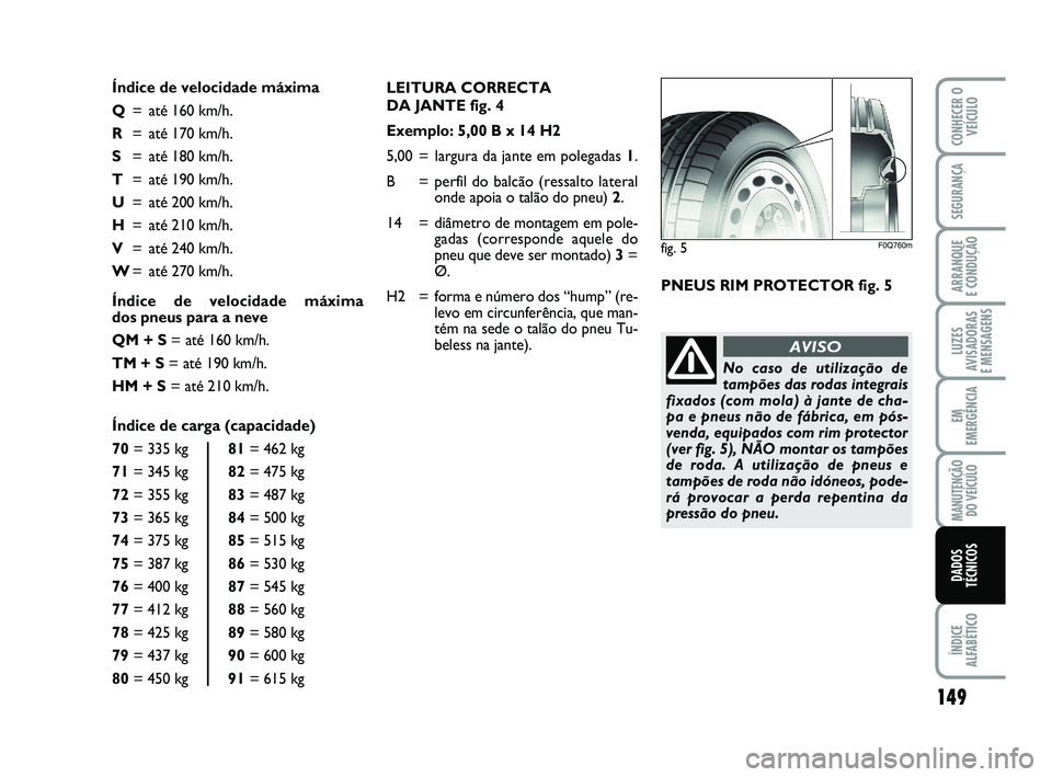 Abarth 500 2014 Manual de Uso e Manutenção (in Portuguese) LEITURA CORRECTA
DA JANTE fig. 4
Exemplo: 5,00 B x 14 H2
5,00 = largura da jante em polegadas 1.
B = perfil do balcão (ressalto lateral
onde apoia o talão do pneu) 2.
14 = diâmetro de montagem em Abarth 500 2014 Manual de Uso e Manutenção (in Portuguese) LEITURA CORRECTA
DA JANTE fig. 4
Exemplo: 5,00 B x 14 H2
5,00 = largura da jante em polegadas 1.
B = perfil do balcão (ressalto lateral
onde apoia o talão do pneu) 2.
14 = diâmetro de montagem em