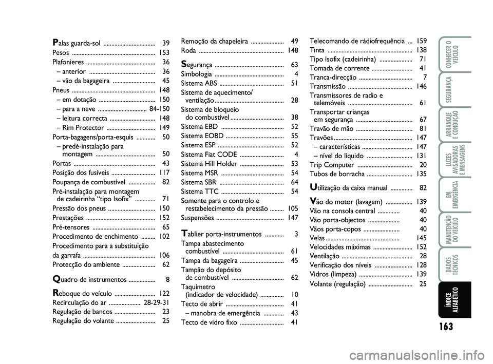 Abarth 500 2014  Manual de Uso e Manutenção (in Portuguese) 163
LUZES
AVISADORAS 
E MENSAGENS
CONHECER O
VEÍCULO
SEGURANÇA
ARRANQUE 
E CONDUÇÃO
EM
EMERGÊNCIA
MANUTENÇÃO
DO VEÍCULO
DADOS
TÉCNICOS
ÍNDICE
ALFABÉTICO
Remoção da chapeleira ............
