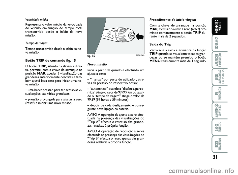 Abarth 500 2014 Manual de Uso e Manutenção (in Portuguese) 21
SEGURANÇA
ARRANQUE
E CONDUÇÃO
LUZES
AVISADORAS
E MENSAGENS
EM
EMERGÊNCIA
MANUTENÇÃO
DO VEÍCULO
DADOS
TÉCNICOS
ÍNDICE
ALFABÉTICO
CONHECER O
VEÍCULO
Velocidade média
Representa o valor Abarth 500 2014 Manual de Uso e Manutenção (in Portuguese) 21
SEGURANÇA
ARRANQUE
E CONDUÇÃO
LUZES
AVISADORAS
E MENSAGENS
EM
EMERGÊNCIA
MANUTENÇÃO
DO VEÍCULO
DADOS
TÉCNICOS
ÍNDICE
ALFABÉTICO
CONHECER O
VEÍCULO
Velocidade média
Representa o valor