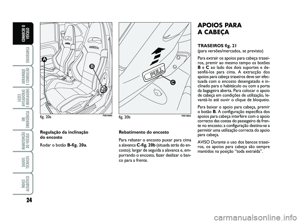 Abarth 500 2013  Manual de Uso e Manutenção (in Portuguese) 24
SEGURANÇA
ARRANQUE 
E CONDUÇÃO
LUZES
AVISADORAS 
E MENSAGENS
EM
EMERGÊNCIA
MANUTENÇÃO
DO VEÍCULO
DADOS
TÉCNICOS
ÍNDICE
ALFABÉTICO
CONHECER O
VEÍCULO
APOIOS PARA 
A CABEÇA
TRASEIROS fig.