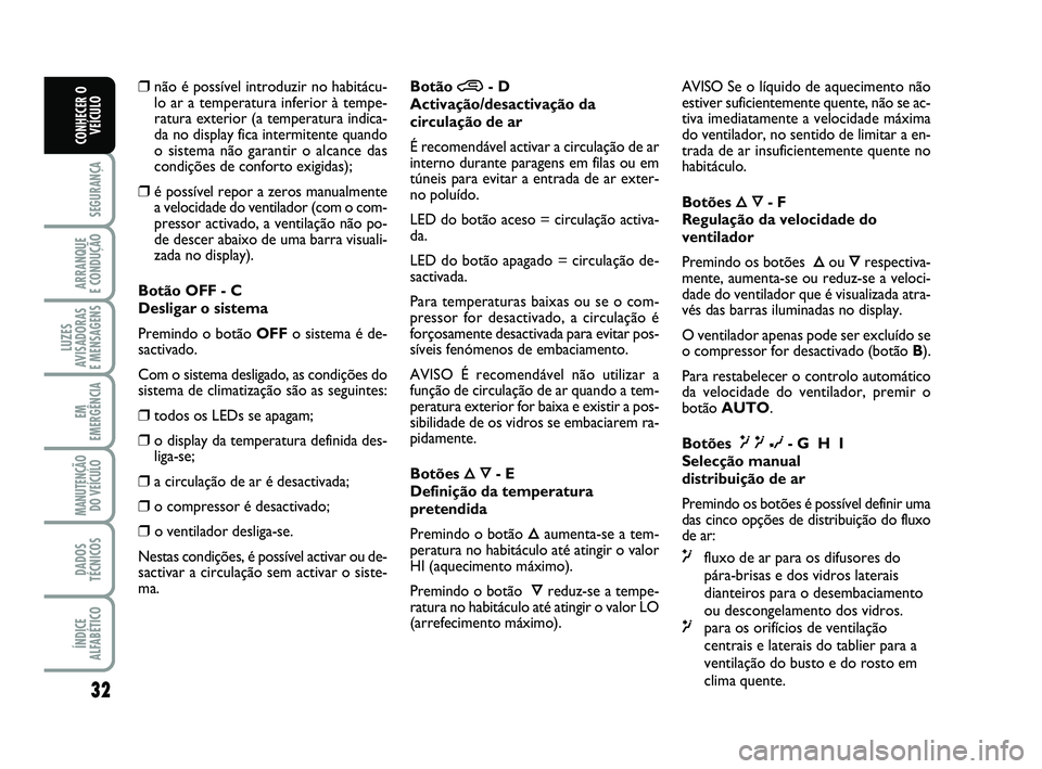 Abarth 500 2013  Manual de Uso e Manutenção (in Portuguese) 32
SEGURANÇA
ARRANQUE 
E CONDUÇÃO
LUZES
AVISADORAS 
E MENSAGENS
EM
EMERGÊNCIA
MANUTENÇÃO
DO VEÍCULO
DADOS
TÉCNICOS
ÍNDICE
ALFABÉTICO
CONHECER O
VEÍCULO
❒não é possível introduzir no ha
