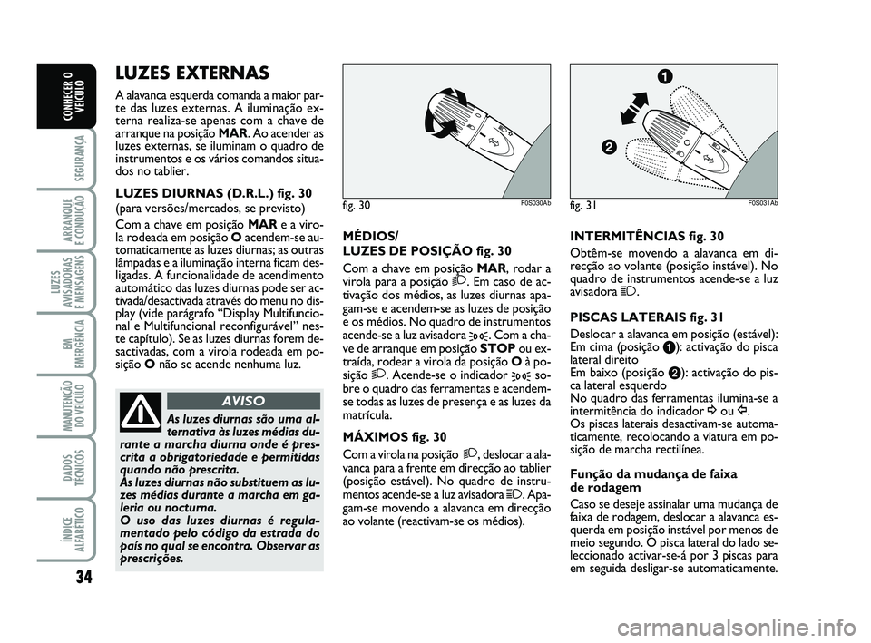 Abarth 500 2013  Manual de Uso e Manutenção (in Portuguese) 34
SEGURANÇA
ARRANQUE 
E CONDUÇÃO
LUZES
AVISADORAS 
E MENSAGENS
EM
EMERGÊNCIA
MANUTENÇÃO
DO VEÍCULO
DADOS
TÉCNICOS
ÍNDICE
ALFABÉTICO
CONHECER O
VEÍCULO
MÉDIOS/
LUZES DE POSIÇÃO fig. 30
C