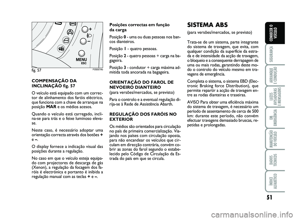 Abarth 500 2014  Manual de Uso e Manutenção (in Portuguese) 51
SEGURANÇA
ARRANQUE 
E CONDUÇÃO
LUZES
AVISADORAS 
E MENSAGENS
EM
EMERGÊNCIA
MANUTENÇÃO
DO VEÍCULO
DADOS
TÉCNICOS
ÍNDICE
ALFABÉTICO
CONHECER O
VEÍCULO
COMPENSAÇÃO DA
INCLINAÇÃO fig. 57
