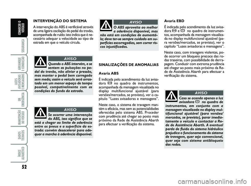 Abarth 500 2014  Manual de Uso e Manutenção (in Portuguese) 52
SEGURANÇA
ARRANQUE 
E CONDUÇÃO
LUZES
AVISADORAS 
E MENSAGENS
EM
EMERGÊNCIA
MANUTENÇÃO
DO VEÍCULO
DADOS
TÉCNICOS
ÍNDICE
ALFABÉTICO
CONHECER O
VEÍCULO
INTERVENÇÃO DO SISTEMA
A intervenç