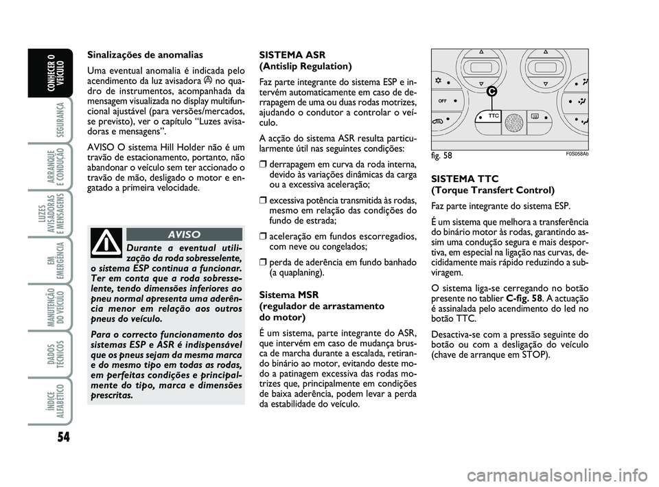 Abarth 500 2013 Manual de Uso e Manutenção (in Portuguese) 54
SEGURANÇA
ARRANQUE
E CONDUÇÃO
LUZES
AVISADORAS
E MENSAGENS
EM
EMERGÊNCIA
MANUTENÇÃO
DO VEÍCULO
DADOS
TÉCNICOS
ÍNDICE
ALFABÉTICO
CONHECER O
VEÍCULO
Sinalizações de anomalias
Uma event Abarth 500 2013 Manual de Uso e Manutenção (in Portuguese) 54
SEGURANÇA
ARRANQUE
E CONDUÇÃO
LUZES
AVISADORAS
E MENSAGENS
EM
EMERGÊNCIA
MANUTENÇÃO
DO VEÍCULO
DADOS
TÉCNICOS
ÍNDICE
ALFABÉTICO
CONHECER O
VEÍCULO
Sinalizações de anomalias
Uma event