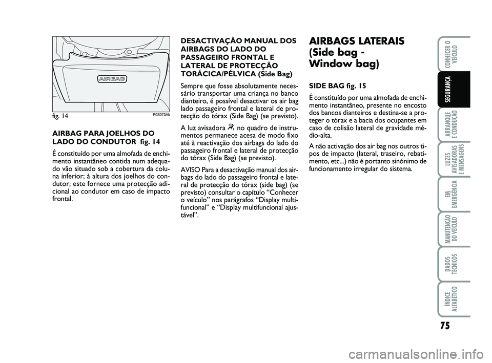 Abarth 500 2014 Manual de Uso e Manutenção (in Portuguese) 75
ARRANQUE
E CONDUÇÃO
LUZES
AVISADORAS
E MENSAGENS
EM
EMERGÊNCIA
MANUTENÇÃO
DO VEÍCULO
DADOS
TÉCNICOS
ÍNDICE
ALFABÉTICO
CONHECER O
VEÍCULO
SEGURANÇA
AIRBAG PARA JOELHOS DO
LADO DO CONDUT Abarth 500 2014 Manual de Uso e Manutenção (in Portuguese) 75
ARRANQUE
E CONDUÇÃO
LUZES
AVISADORAS
E MENSAGENS
EM
EMERGÊNCIA
MANUTENÇÃO
DO VEÍCULO
DADOS
TÉCNICOS
ÍNDICE
ALFABÉTICO
CONHECER O
VEÍCULO
SEGURANÇA
AIRBAG PARA JOELHOS DO
LADO DO CONDUT