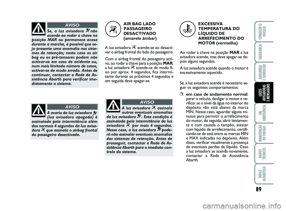 Abarth 500 2014 Manual de Uso e Manutenção (in Portuguese) 89
EM
EMERGÊNCIA
MANUTENÇÃO
DO VEÍCULO
DADOS
TÉCNICOS
ÍNDICE
ALFABÉTICO
CONHECER O
VEÍCULO
SEGURANÇA
ARRANQUE
E CONDUÇÃO
LUZES
AVISADORAS
E MENSAGENS
Se, a luz avisadora ¬não
acende ao Abarth 500 2014 Manual de Uso e Manutenção (in Portuguese) 89
EM
EMERGÊNCIA
MANUTENÇÃO
DO VEÍCULO
DADOS
TÉCNICOS
ÍNDICE
ALFABÉTICO
CONHECER O
VEÍCULO
SEGURANÇA
ARRANQUE
E CONDUÇÃO
LUZES
AVISADORAS
E MENSAGENS
Se, a luz avisadora ¬não
acende ao