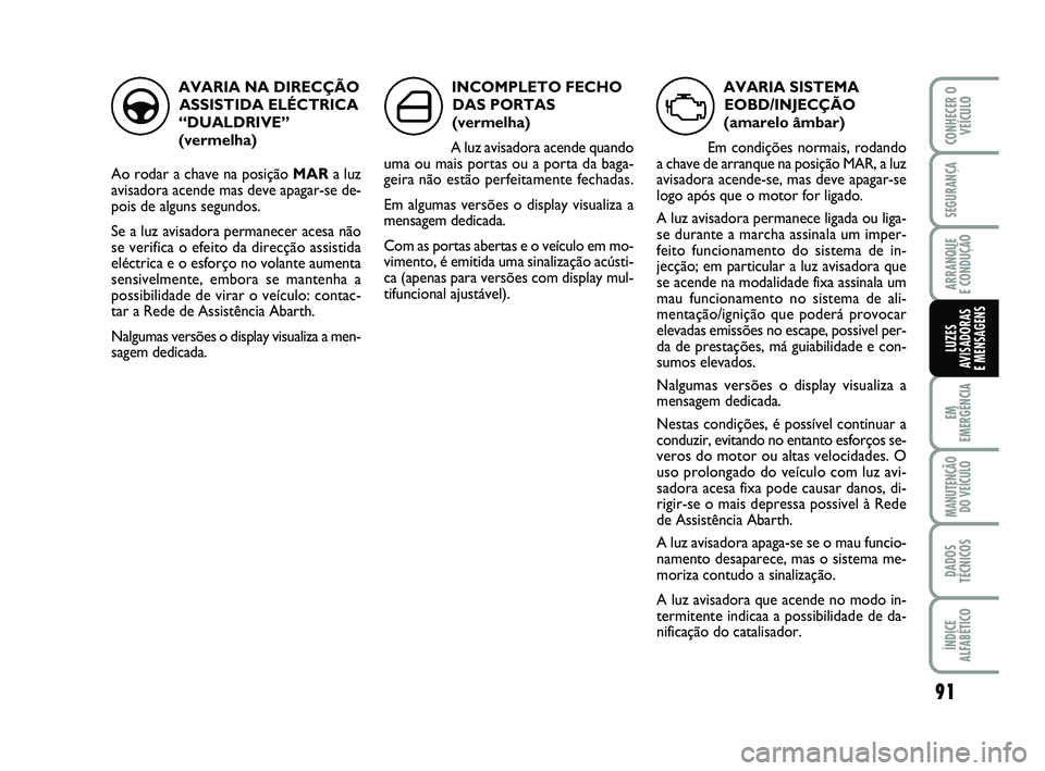 Abarth 500 2014  Manual de Uso e Manutenção (in Portuguese) 91
EM
EMERGÊNCIA
MANUTENÇÃO
DO VEÍCULO
DADOS
TÉCNICOS
ÍNDICE
ALFABÉTICO
CONHECER O
VEÍCULO
SEGURANÇA
ARRANQUE 
E CONDUÇÃO
LUZES
AVISADORAS 
E MENSAGENS
AVARIA SISTEMA
EOBD/INJECÇÃO
(amare