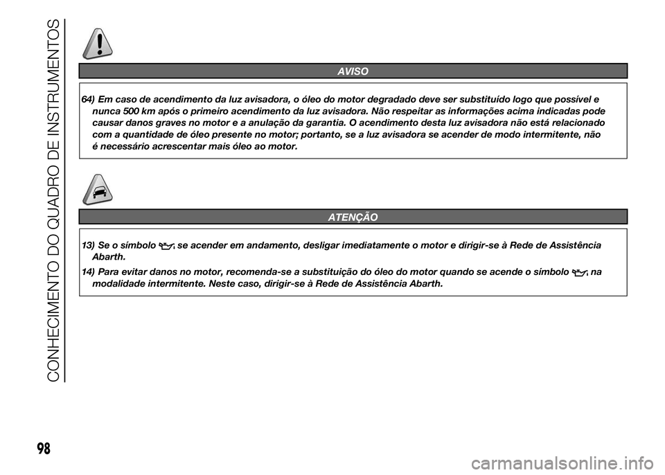 Abarth 500 2016  Manual de Uso e Manutenção (in Portuguese) AVISO
64) Em caso de acendimento da luz avisadora, o óleo do motor degradado deve ser substituído logo que possível e
nunca 500 km após o primeiro acendimento da luz avisadora. Não respeitar as i